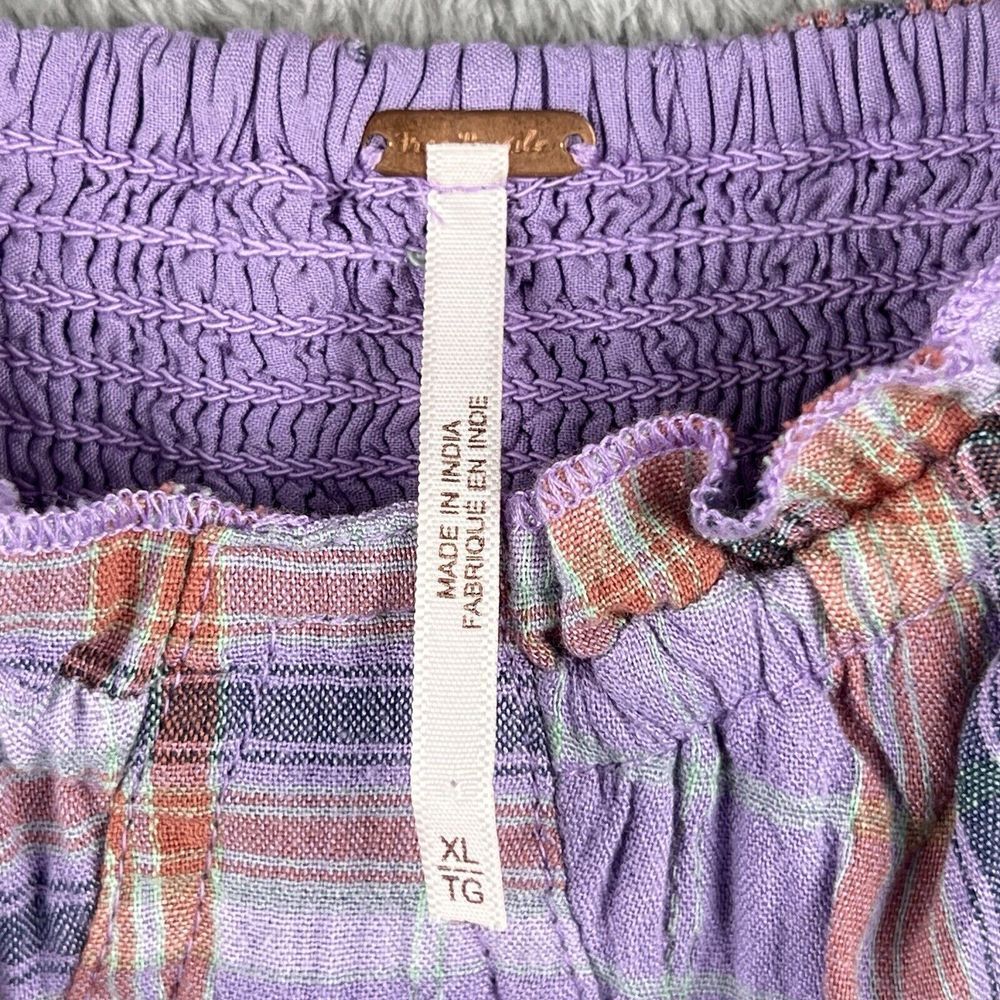 Free People‎ Cherry Bomb Top Womens XL Purple Plaid Balloon Sleeves Ruched Boho - Picture 6 of 11